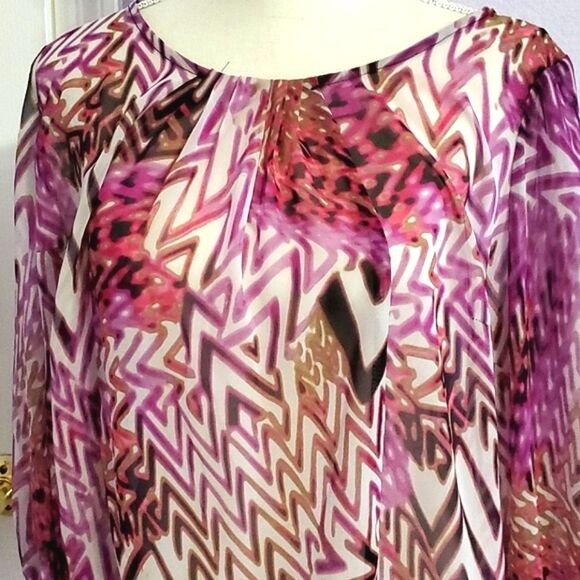 Lavender & Cream Abstract Geometric Boho Print Sheer Boat Neck Blouse - Picture 2 of 10